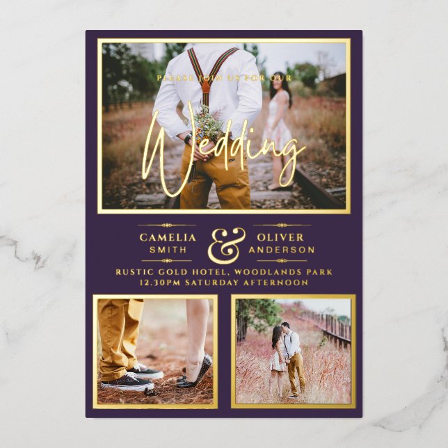 Elegant GOLD FOIL Photo Collage Plum Wedding Invitation (Front)