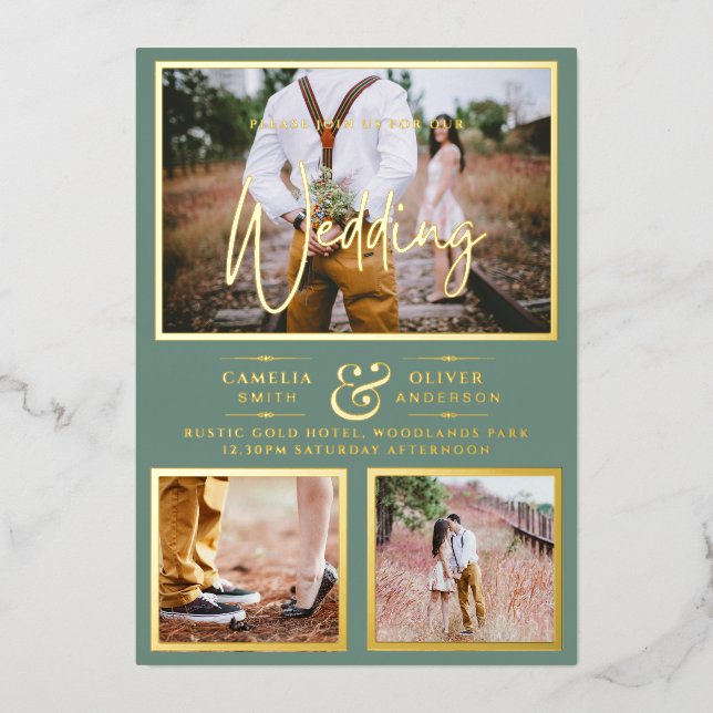 Elegant GOLD FOIL Photo Collage Sage Wedding Invitation (Front)
