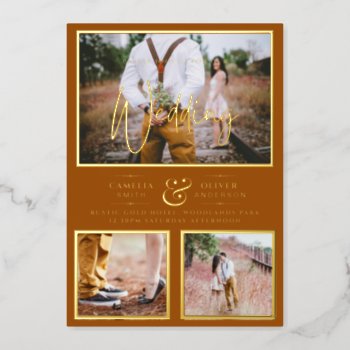 Elegant GOLD FOIL Photo Collage Terracotta Wedding Foil Invitation