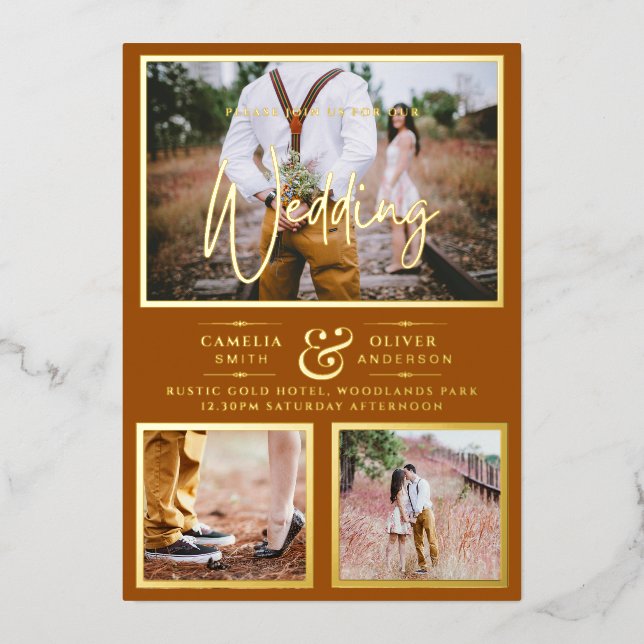 Elegant GOLD FOIL Photo Collage Terracotta Wedding Invitation (Front)