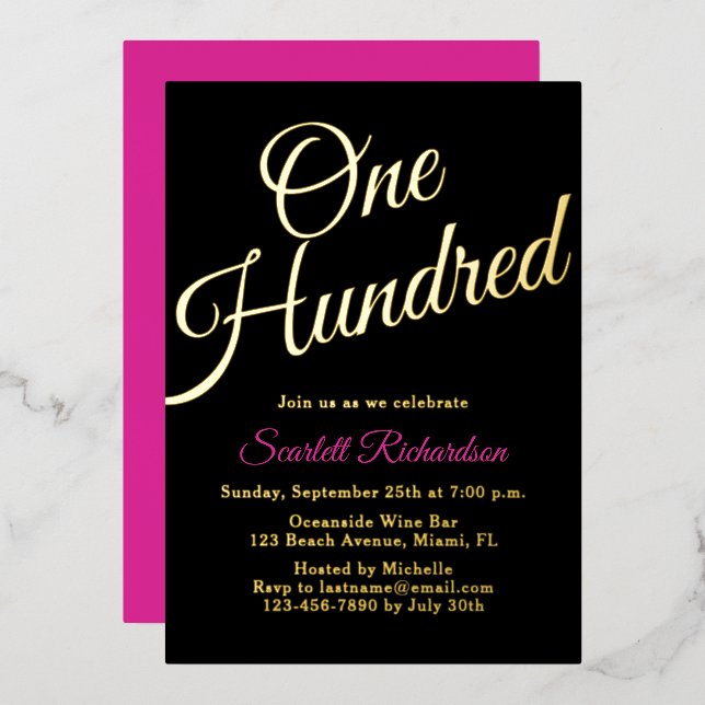 Elegant Gold Foil Pink Black 100th Birthday Party Invitation (Front/Back)