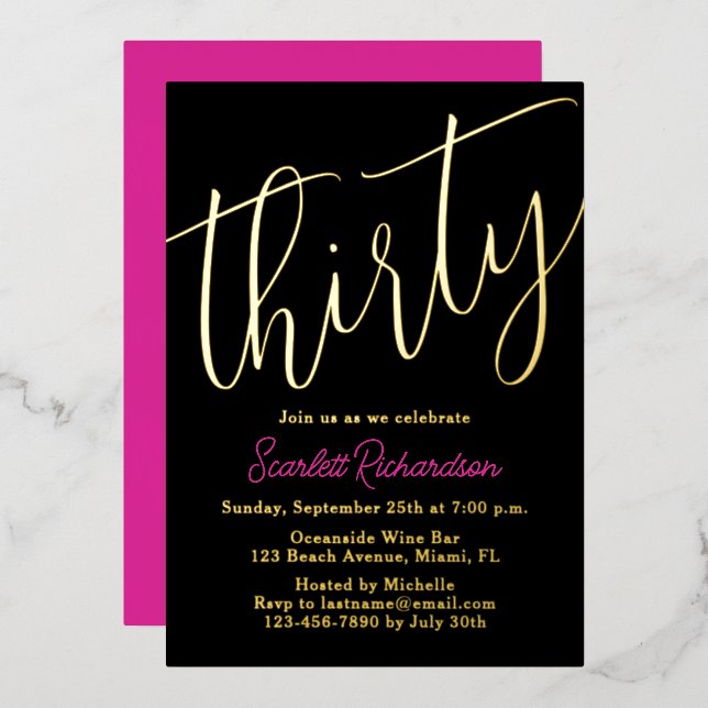 Elegant Gold Foil Pink Black 30th Birthday Party Foil Invitation (Front/Back)