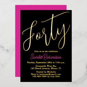 Elegant Gold Foil Pink Black 40th Birthday Party Invitation
