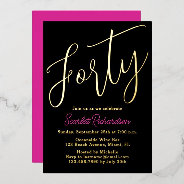 Elegant Gold Foil Pink Black 40th Birthday Party Invitation (Front/Back)