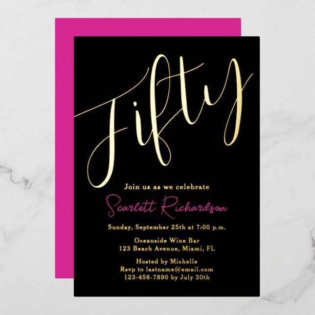Elegant Gold Foil Pink Black 50th Birthday Party Invitation (Front/Back)