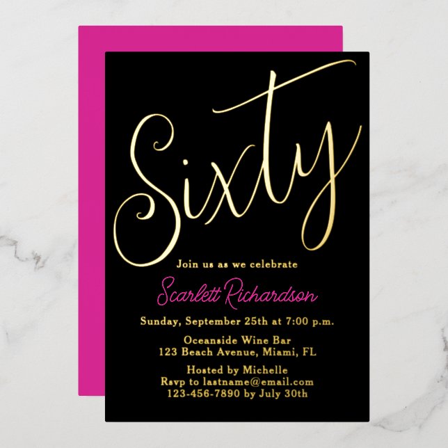 Elegant Gold Foil Pink Black 60th Birthday Party Invitation (Front/Back)