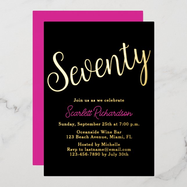 Elegant Gold Foil Pink Black 70th Birthday Party Invitation (Front/Back)