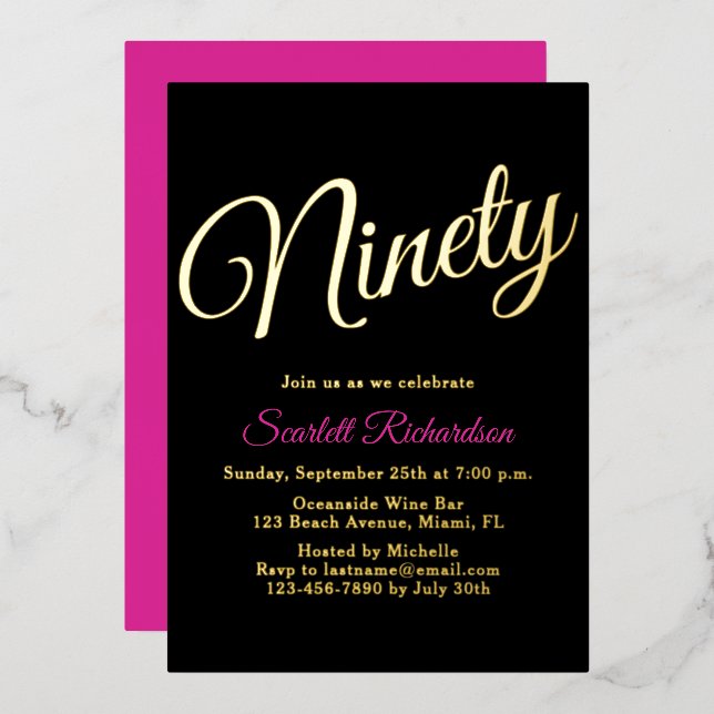 Elegant Gold Foil Pink Black 90th Birthday Party Invitation (Front/Back)