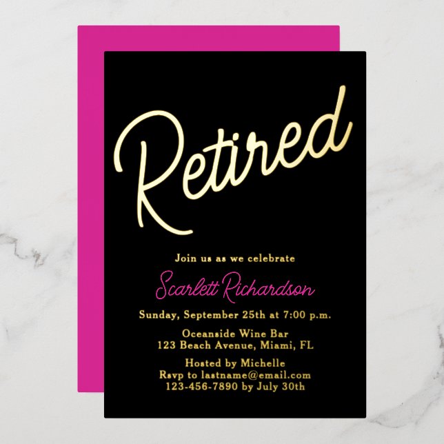 Elegant Gold Foil Pink Black Retirement Party Invitation (Front/Back)