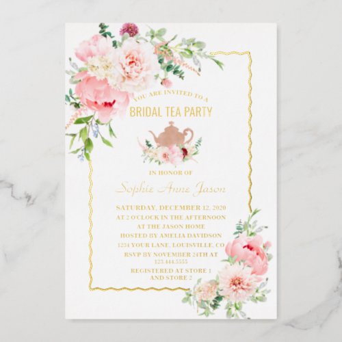 Elegant GOLD FOIL Pink Flowers Bridal Tea Party Foil Invitation