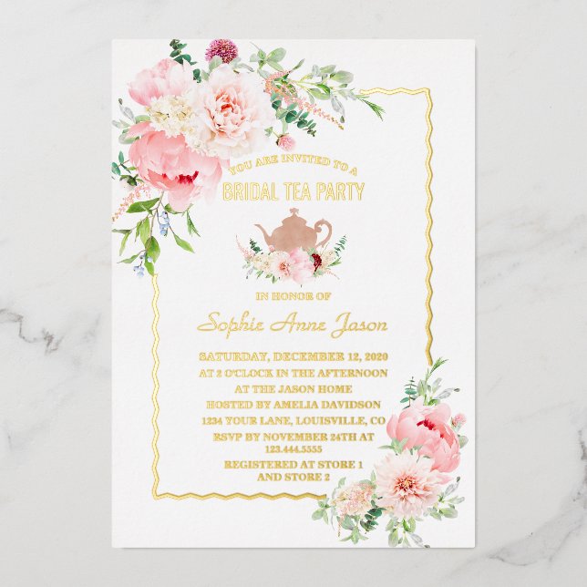 Elegant GOLD FOIL Pink Flowers Bridal Tea Party Invitation (Front)