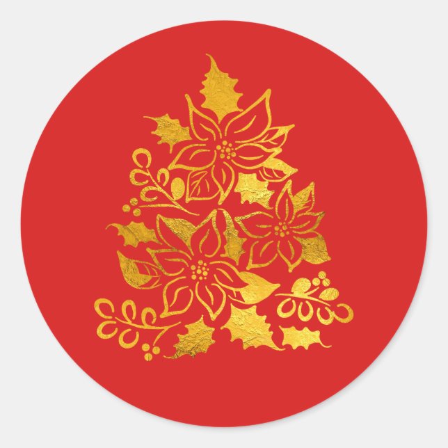 Elegant Gold Foil Poinsettias Christmas Tree Classic Round Sticker (Front)