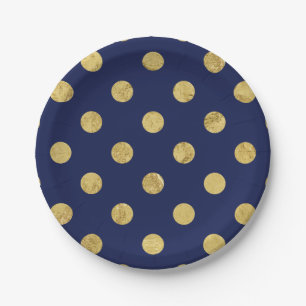 Elegant Gold Foil Polka Dot Pattern - Gold & Blue Paper Plates