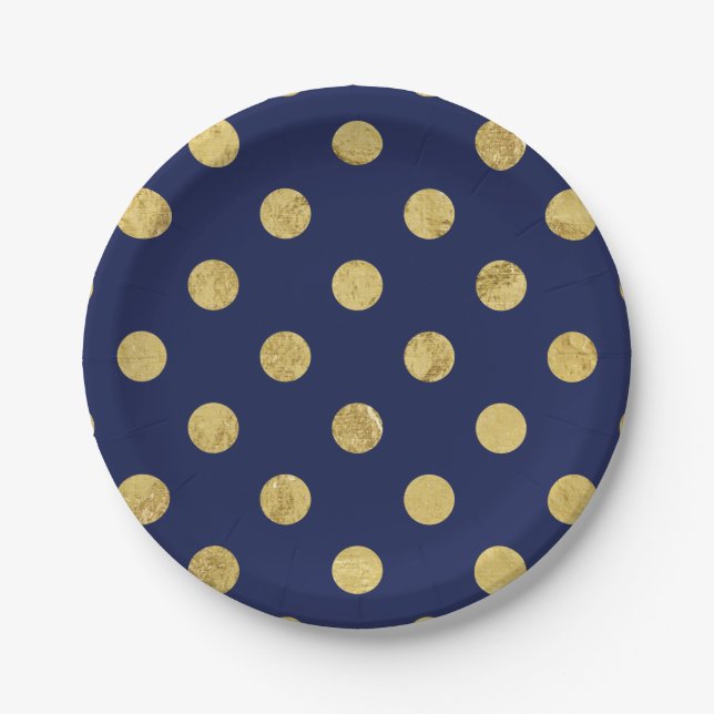 Elegant Gold Foil Polka Dot Pattern - Gold & Blue Paper Plates (Front)