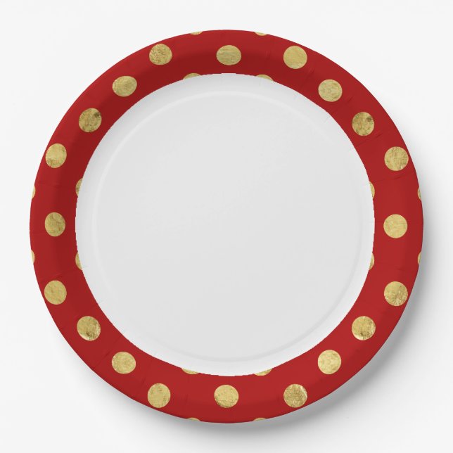 Elegant Gold Foil Polka Dot Pattern - Gold & Red Paper Plates (Front)