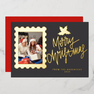 Elegant Gold Foil Postage Stamp Merry Christmas Holiday Card