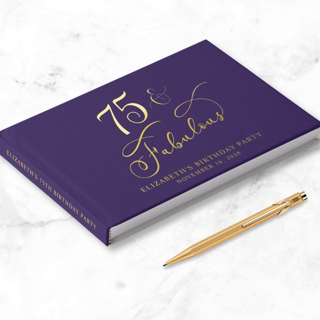 Elegant Gold Foil Purple 75th Birthday Party Foil Guest Book (Creator Uploaded)