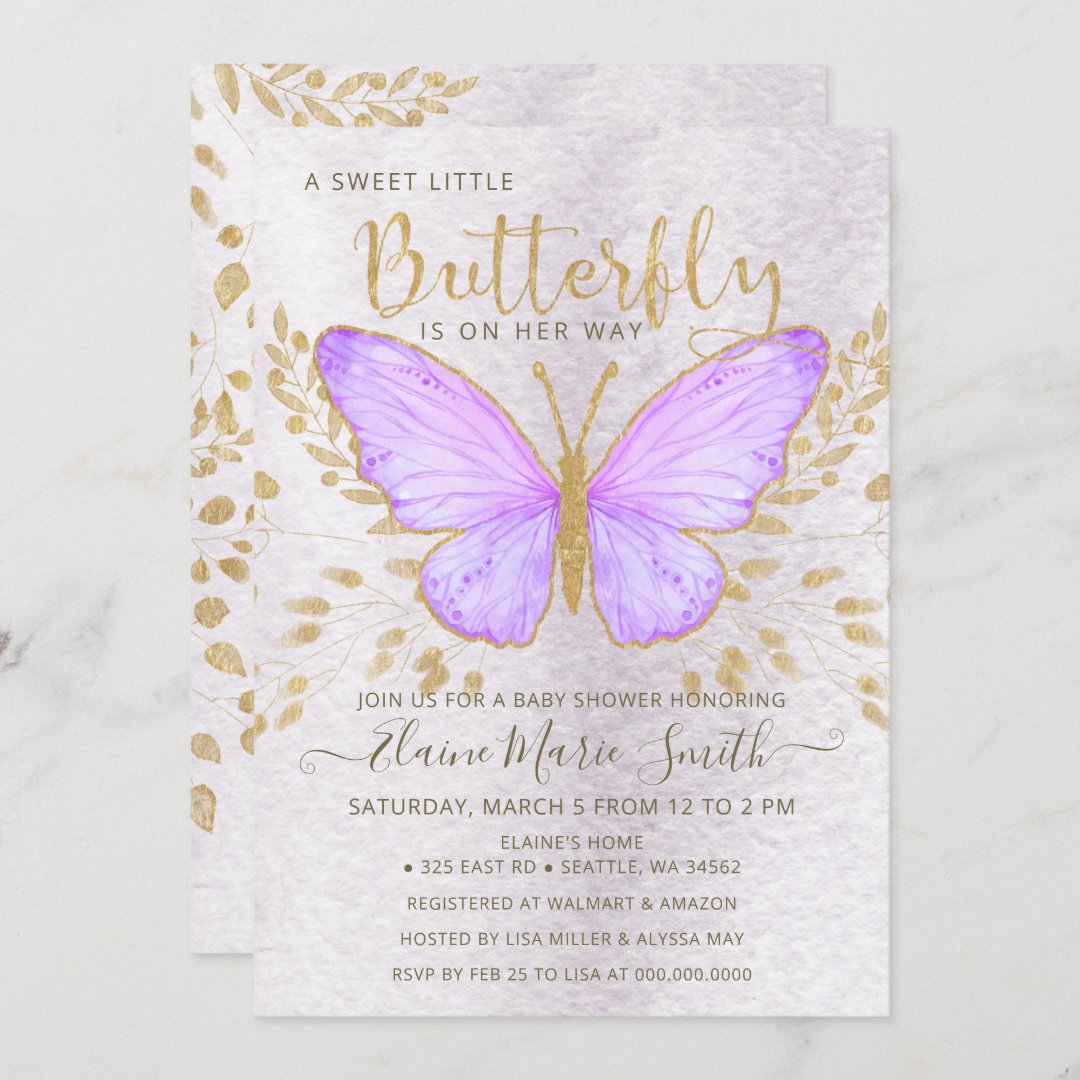 Elegant Gold Foil Purple Butterfly Baby Shower Invitation | Zazzle