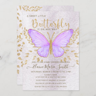 Elegant Gold Foil Purple Butterfly Baby Shower Invitation