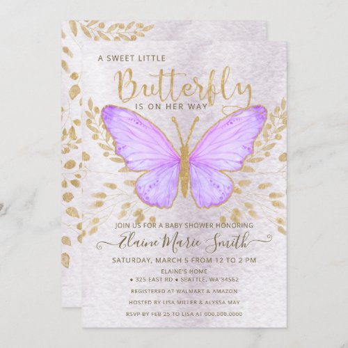 Elegant Gold Foil Purple Butterfly Baby Shower  Invitation