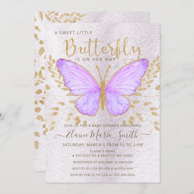 Elegant Gold Foil Purple Butterfly Baby Shower  Invitation (Front/Back)