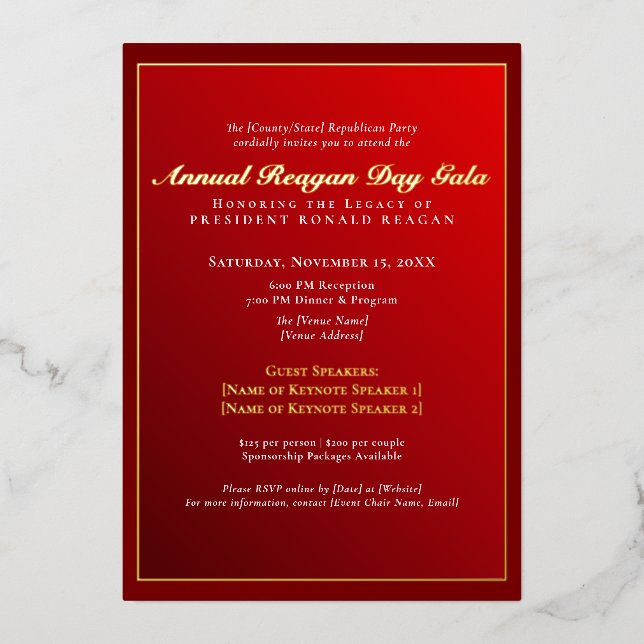 Elegant Gold Foil Reagan Day Gala Fundraiser Invitation (Front)