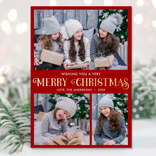 Elegant gold foil red Merry Christmas 3 photo Foil Holiday Card