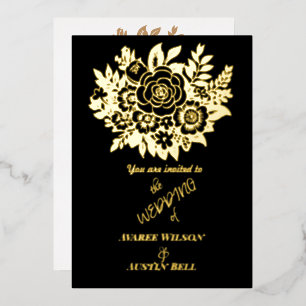 Elegant Gold Foil Rose Bouquet Black Wedding Foil Invitation