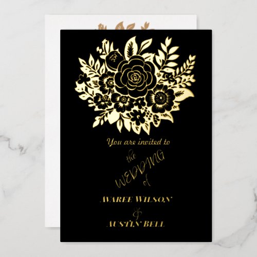 Elegant Gold Foil Rose Bouquet Black Wedding  Foil Invitation