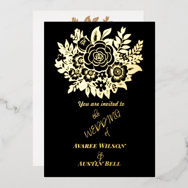 Elegant Gold Foil Rose Bouquet Black Wedding  Invitation (Front/Back)