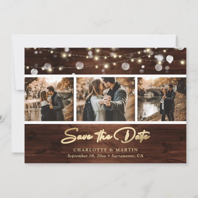 Elegant Gold Foil Rustic Wood Lights Wedding Photo Save The Date (Front)