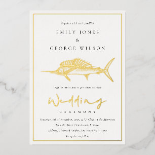 Elegant Gold Foil Sage Green Marline Fish Wedding Foil Invitation