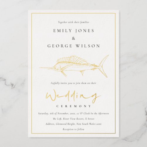 Elegant Gold Foil Sage Green Marline Fish Wedding Foil Invitation