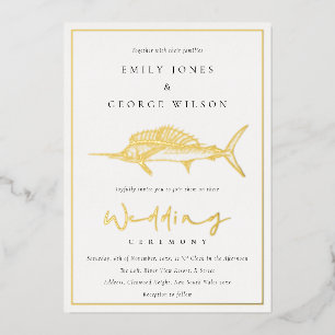 Elegant Gold Foil Sage Green Marline Fish Wedding Invitation
