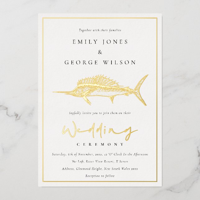 Elegant Gold Foil Sage Green Marline Fish Wedding Invitation (Front)