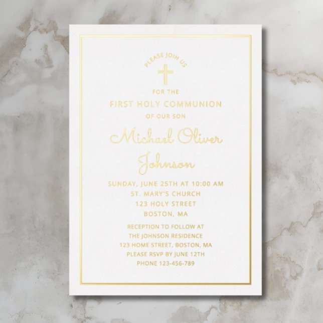 Elegant Gold Foil Script Blue First Communion Foil Invitation (Elegant Gold Foil Script Blue First Communion Foil Invitation)