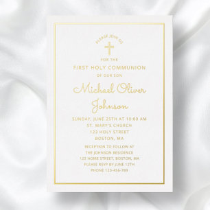 Elegant Gold Foil Script Blue First Communion Foil Invitation