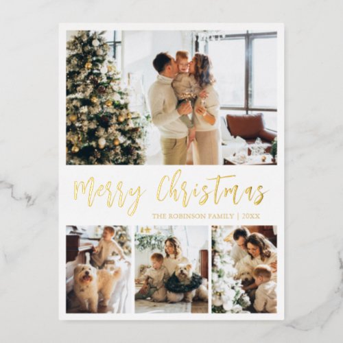 Elegant Gold Foil Script Collage Holiday Postcard