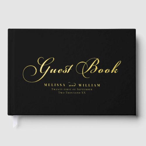 Elegant Gold Foil Script Modern Black Wedding Foil Guest Book