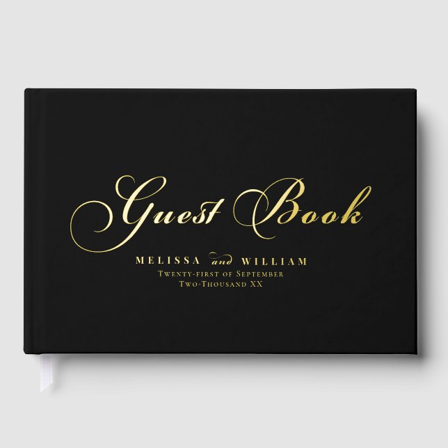 Elegant Gold Foil Script Modern Black Wedding Guest Book (Front)