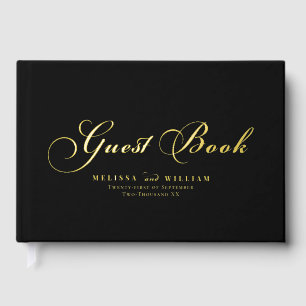 Elegant Gold Foil Script Modern Black Wedding Guest Book