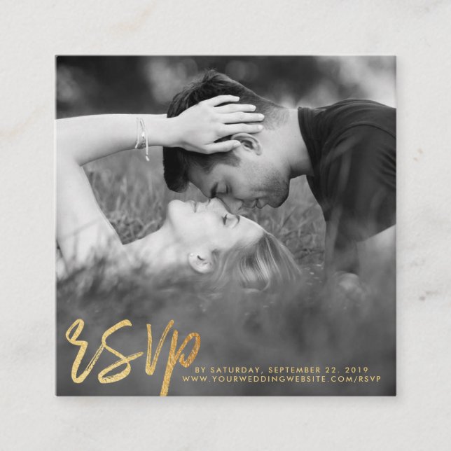 Elegant Gold Foil Script Photo RSVP Enclosure Card (Front)
