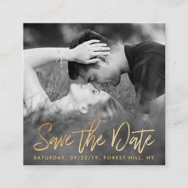 Elegant Gold Foil Script Photo Save The Date Enclosure Card (Front)