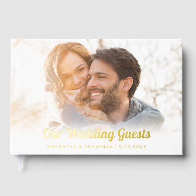 Elegant Gold Foil Script Photo Wedding Foil Guest Book (Front)