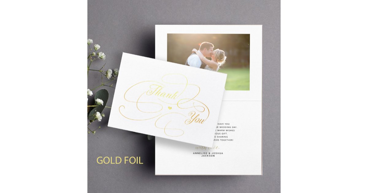 Elegant gold foil script photo wedding thank you foil card | Zazzle
