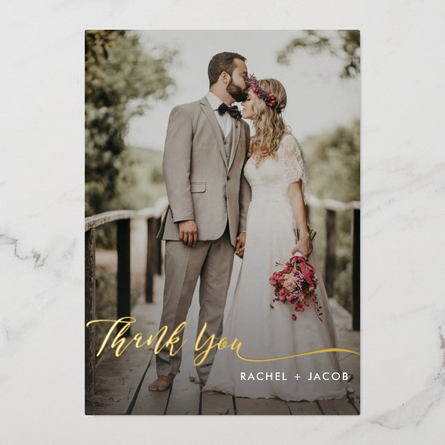 Elegant Gold Foil Script Simple 2-Photo Wedding Foil Invitation (Front)