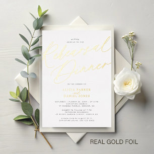 Elegant gold foil script wedding rehearsal dinner invitation