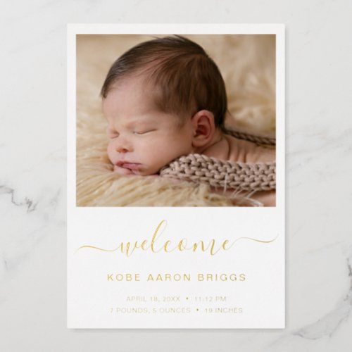 Elegant Gold Foil Simple Photo Birth Announcement