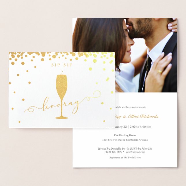 Elegant Gold Foil Sip Sip Hooray Engagement Party Foil Card (Display)