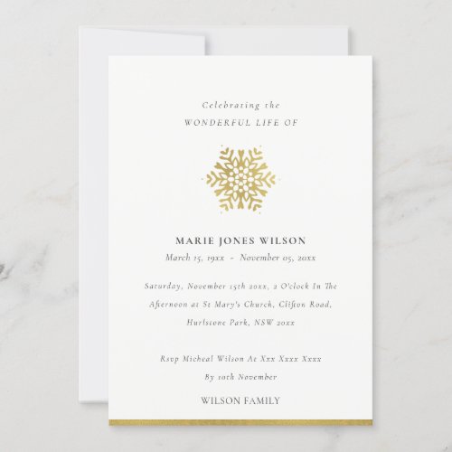 Elegant Gold Foil Snowflake Memorial Service Card